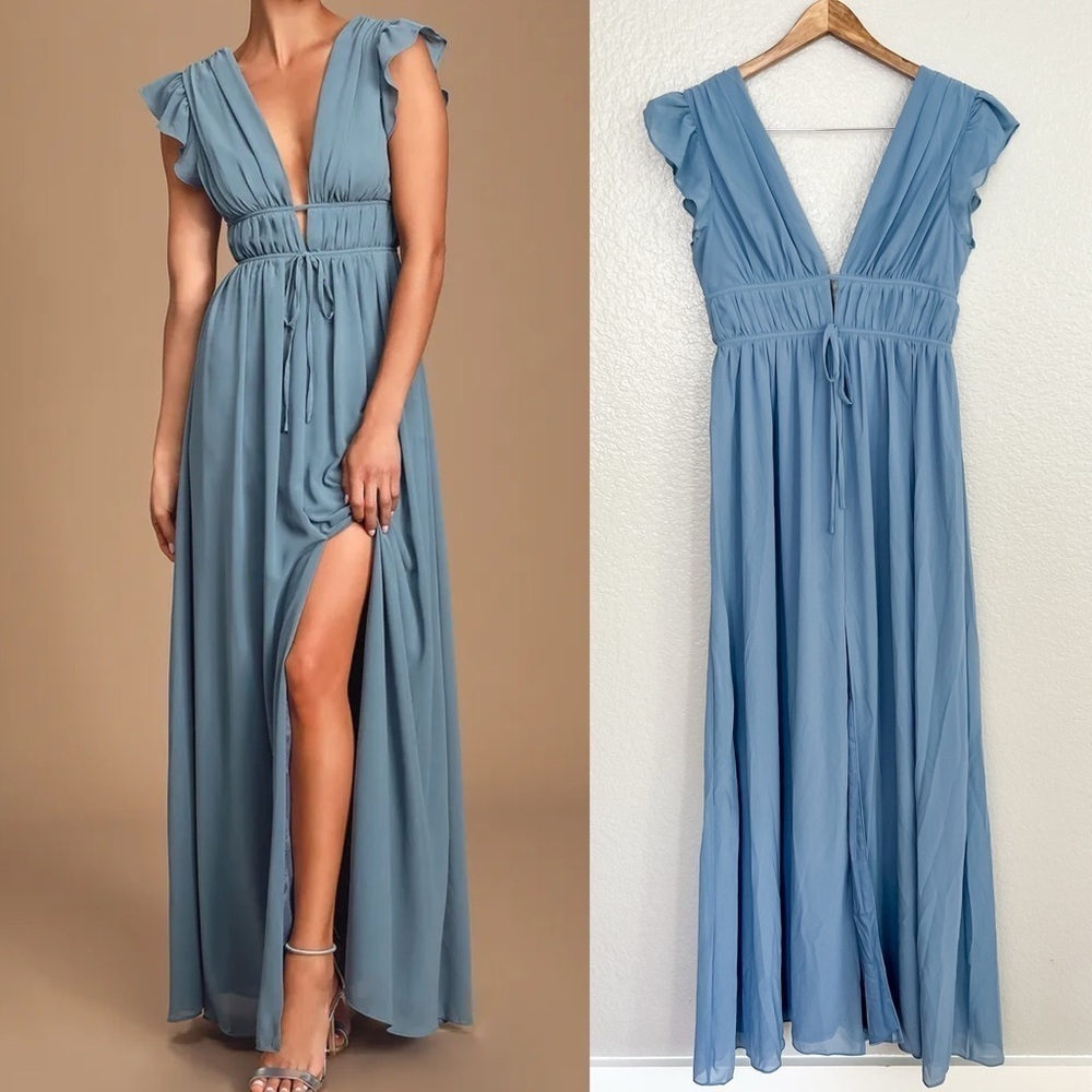 NWOT I'm All Yours Slate Blue Ruffled Maxi Dress